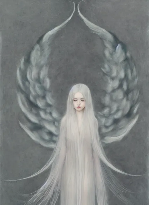 Image similar to tall thin young wan beautiful angel, silver hair so long, pale!, long silver hair, silver angel wings, wan adorable korean face, silver hair!!, style of fernand khnopff and lucien levy - dhurmer, oil on canvas, 4 k resolution, aesthetic!,