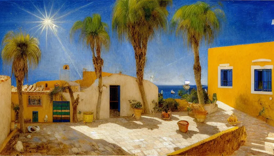 Image similar to a 1 9 9 8 southern spain house!!! costa blanca, designed by bispo do rosario, arnold bocklin, jules bastien - lepage, tarsila do amaral, arthur and gustave baumann, cheval michael, warm, mediterranean, star, sharp focus, colorful refracted sparkles and lines, soft light, 8 k 4 k