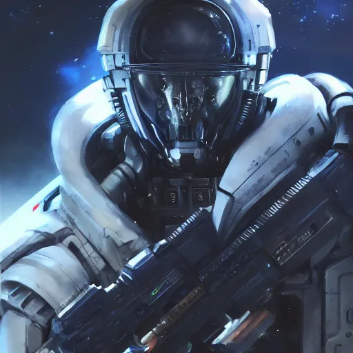 Image similar to award winning, extremely photorealistic, bokeh, beautiful detail, stars in the sky, cybernetic, sci-fi space game art, jeon Jungkook holding a gun. alien planet art by Akihito Yoshitomi AND Yoji Shinkawa AND Greg Rutkowski, Mark Arian trending on artstation