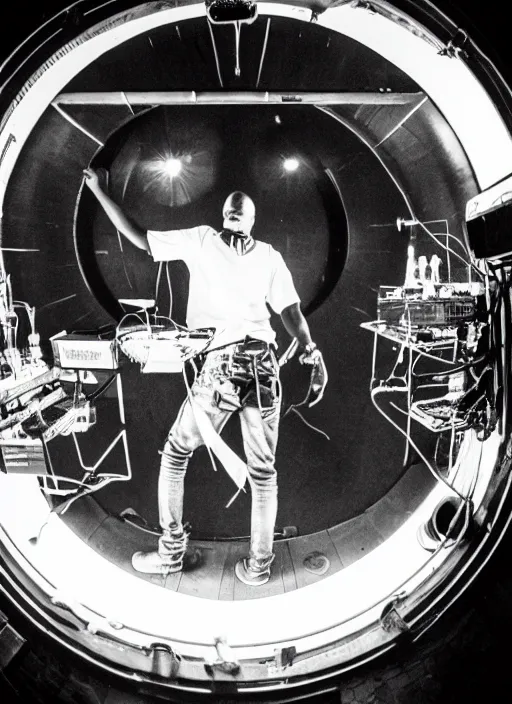 Prompt: a analogue photo of an African tribal dj performing on a spaceship, planet earth can be seen from porthole, black & white, wide angle, grungy