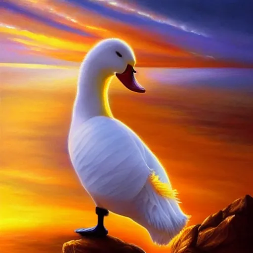 Image similar to extremely beautiful painting of a white duck in a sunset on a mountain, dynamic composition, dramatic lighting, stylized portrait, painting by artgerm, dungeons and dragons, visible brush strokes, trending golden color scheme