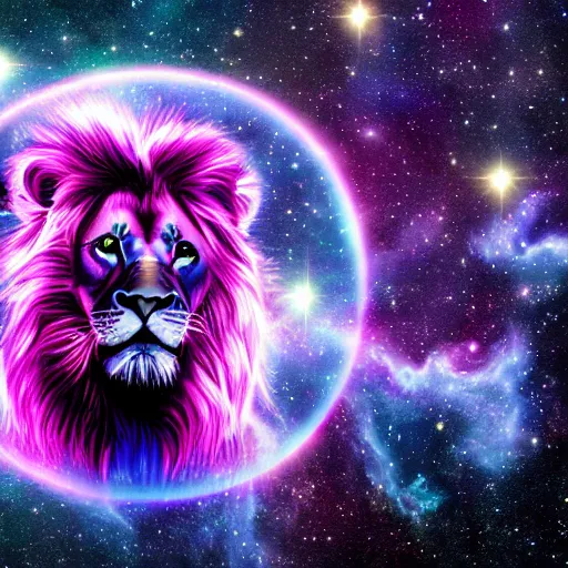 Image similar to an electric purple lion in space