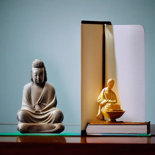 Image similar to wide angle photo, cozy room with window light, mirror and statuette of hotei and open book with jesus picture on a table, hyperrealism, light color, no hard shadow, pastel colours, polaroid photo