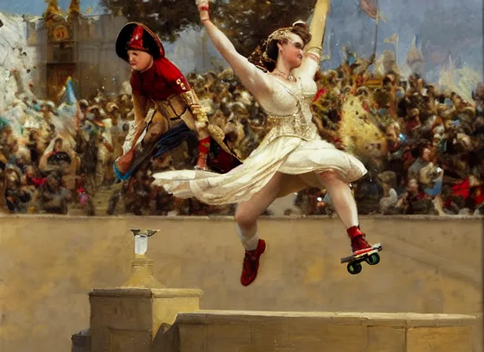 Prompt: the queen doing extreme skateboarding tricks at the olympics, highly detailed painting by gaston bussiere, craig mullins, j. c. leyendecker