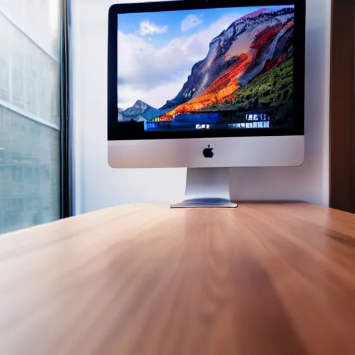 Prompt: an iMac computer sitting on a wood conference table, closeup shot, advertising lighting