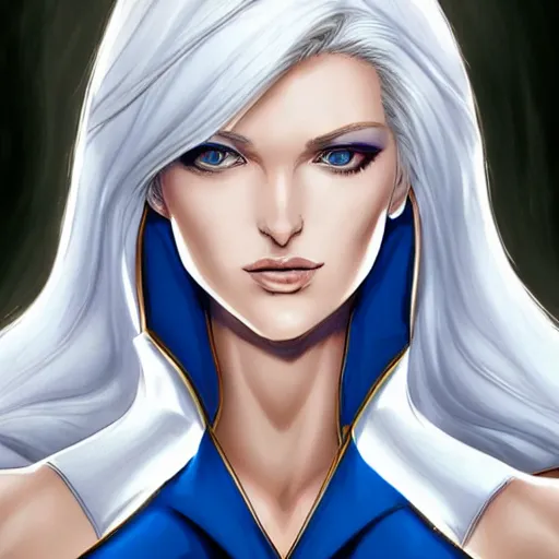 Prompt: portrait of emma frost, a beautiful woman in her 3 0 s with white blonde hair and blue eyes dressed in a fashionable white suit, detailed face, beautiful face, delicate features, smooth, sharp focus, graphic novel, art by artgerm, kazue kato, kore yamazaki, toni infante,