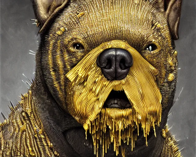 Prompt: Haunting horrifying hyperrealistic detailed painting of a fat dog canine creature made of spikes, heavy metal, disgusting, creepy, unsettling, and glowing golden yellow eyes, hyper detailed, trending on Artstation