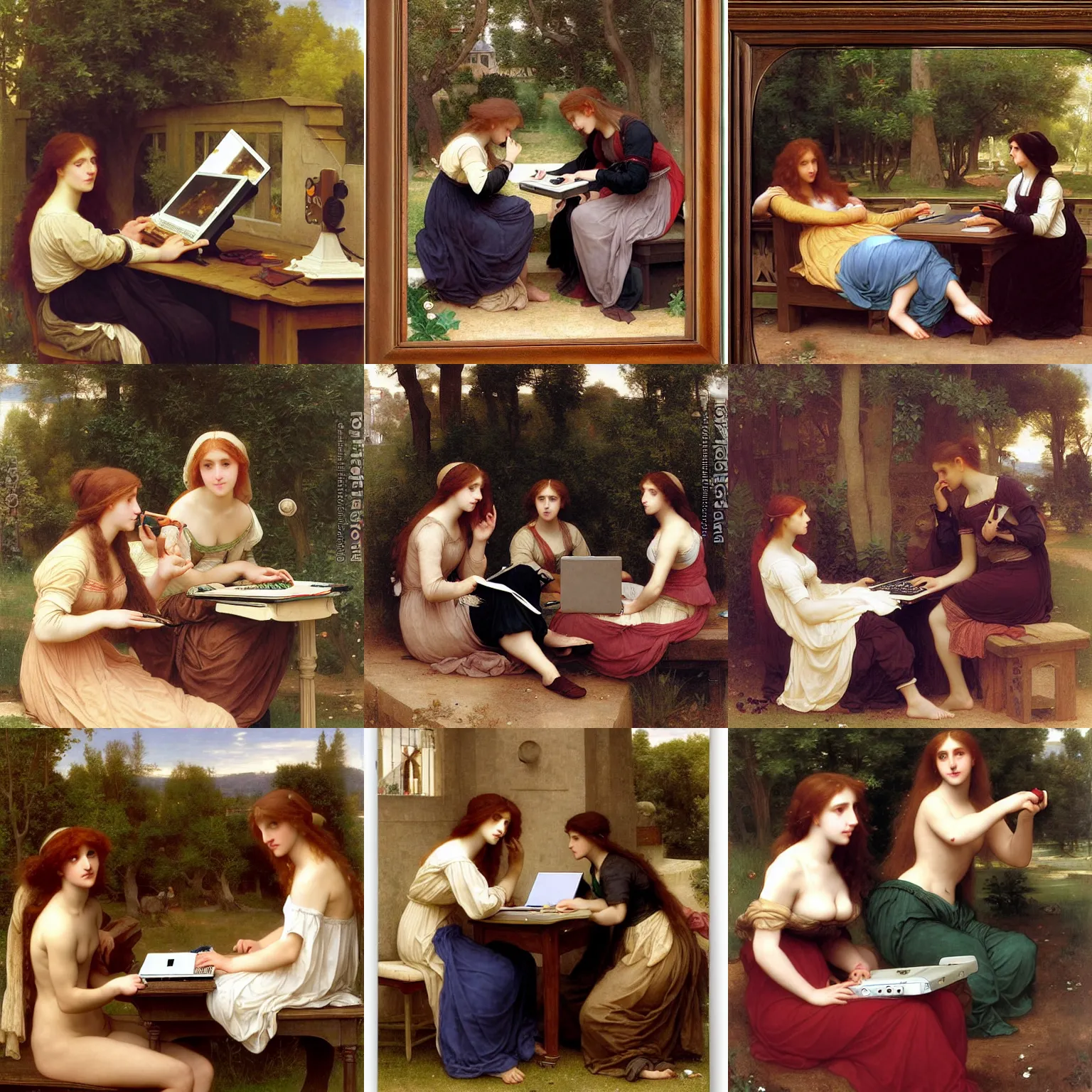 Prompt: pre-Raphaelite gamers playing games on laptops by Bouguereau