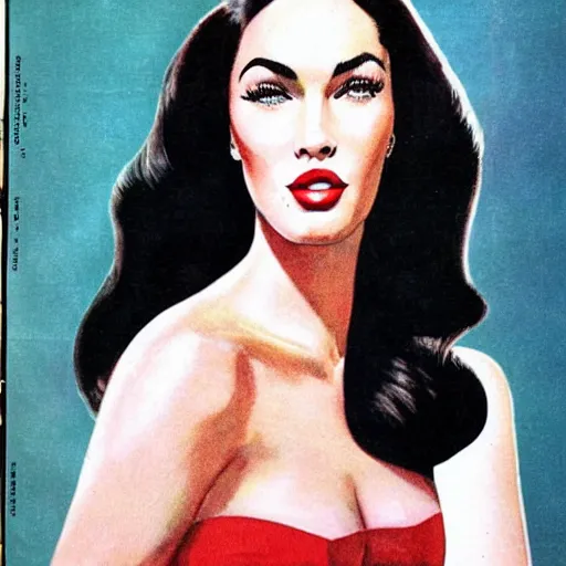 Image similar to “Megan Fox portrait, color vintage magazine illustration 1950”