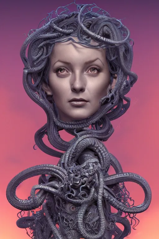 Prompt: harryhausen medusa, photo, portrait, intricate details, by vincent di fate, artgerm, julie bell, beeple, Alphonse mucha, and Greg Rutkowski, 90s, Smooth gradients, octane render, 8k, High contrast, duo tone, depth of field, very coherent symmetrical artwork