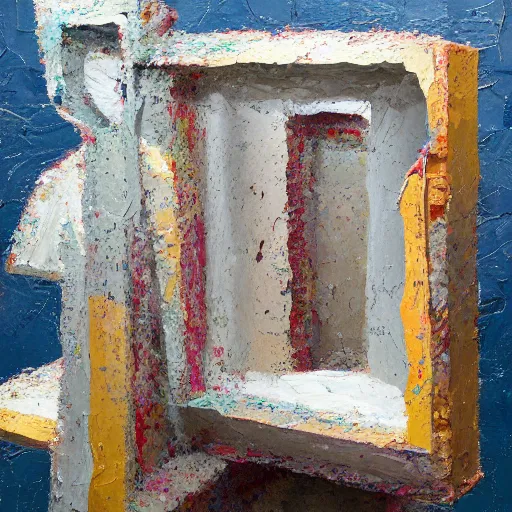 Image similar to an impasto painting by shaun tan and john chamberlain of an abstract forgotten sculpture by the caretaker and ivan seal