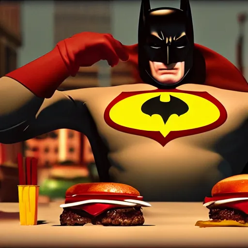Prompt: Batman Serving hamburgers in the syle of Alex Ross, extra mustard and ketchup, mcdonalds, dramatic composition, volumetric light, rendered on octane,