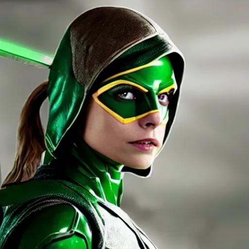 Image similar to film still of willa holland as a female green arrow in the 2 0 1 7 film justice league, focus on facial details, minimal bodycon feminine costume, dramatic cinematic lighting, inspirational tone, suspenseful tone, promotional art