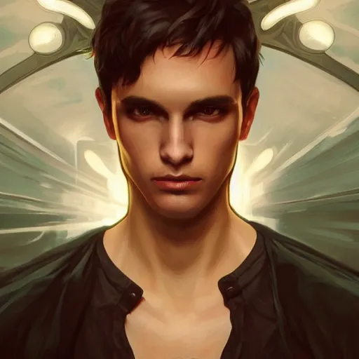 Image similar to character concept, full body, symmetrical, young man with black clothes. detailed, high quality, scnenematic, dynamic dark lightning, fantasy, scenematic. artwork by artgerm, wlop, alex ross, greg rutknowski, alphonse mucha