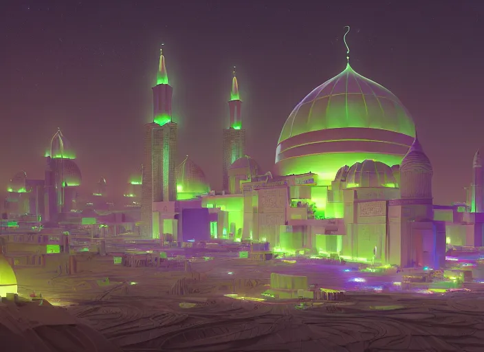 Image similar to a luminescent cyberpunk mosque in arabia by paolo eleuteri serpieri and tomer hanuka and chesley bonestell and daniel merriam and tomokazu matsuyama, unreal engine, high resolution render, featured on artstation, octane, 8 k, highly intricate details, vivid colors, vector illustration