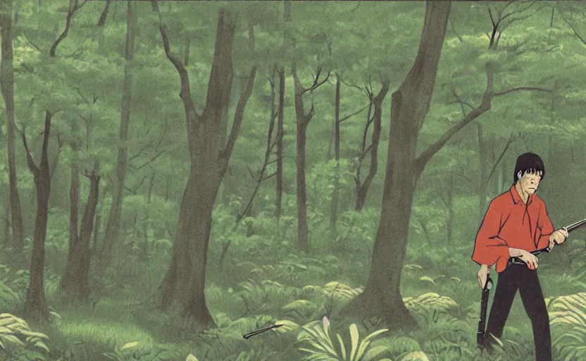 Prompt: stephen king film of a man alone in a lush green forest, japanese illustration, 1 9 8 0 s, tense, man is carrying a rifle, alone, matte illustration,