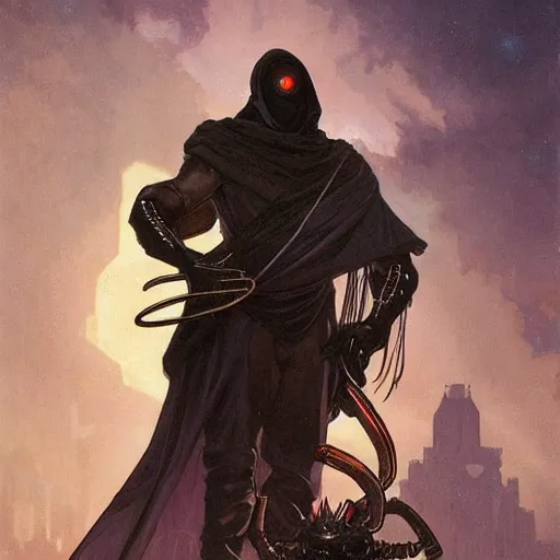 Prompt: huge, impassive black-skinned clone with bronze cybernetic eyes and alien scorpion tail wrapped tightly around neck like scarf, wearing cloak, cyberpunk art deco art by Greg Rutkowski, Alphonse Mucha, and Brom