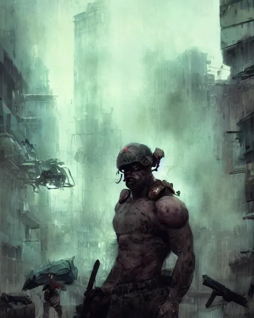 Prompt: battle hardened charismatic man soldier muscular, face centered portrait, confident, ruined cityscape, zombies, fog, rain, volumetric lighting, soft light particles floating near her, illustration, perfectly shaded, soft painting, art by krenz cushart and wenjun lin