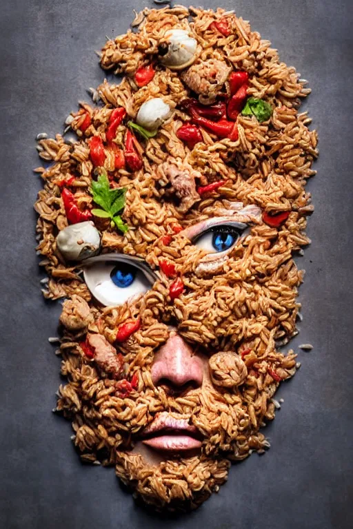 Image similar to johnny depp made out of jambalaya, a human face made out of a bowl of jambalaya, professional food photography