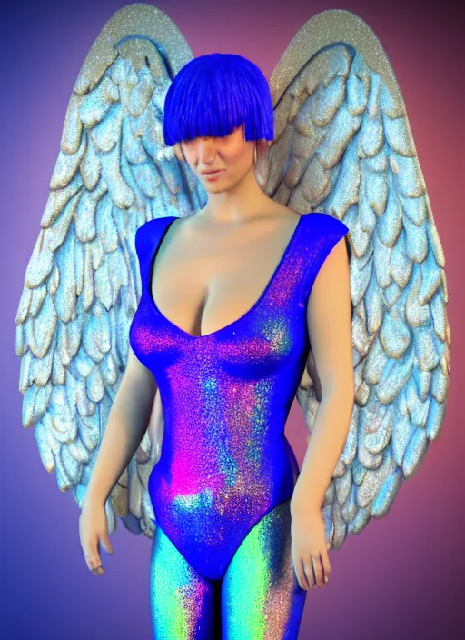 Prompt: 3 d render of a jester angel covered in glitter glue in a holographic leotard