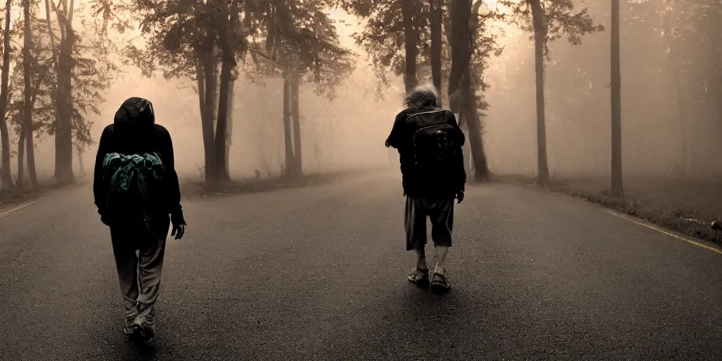 Image similar to a sad rumpled old homeless with torn clothes goes into the distance with his torn old backpack, neon road, magical sunset, gloomy forest, magical fog, depression, post - apocalypse