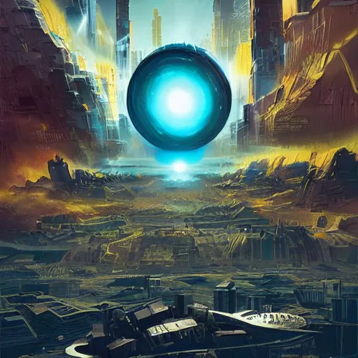 Image similar to black hole rising above city, city destroyed by shockwave, black hole with accretion disс, digital art, vector logo, sticker, art by stefan koidl, brock hofer, marc simonetti