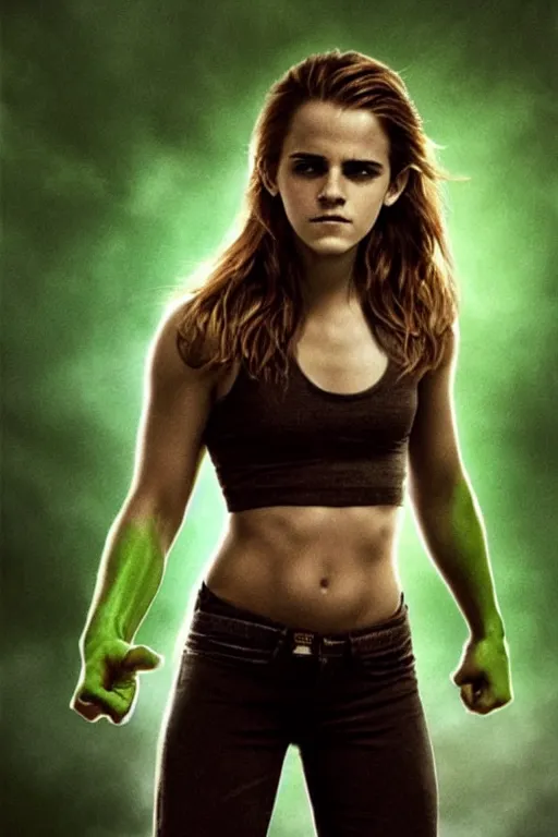 Image similar to emma watson as hulk, hyper realistic