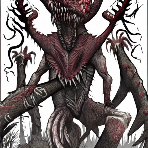 Image similar to big butcher anthropomorphic male lizardfolk posing scarily, scary angry pose, covered in blood, fresh kill, cleaver, in a forest, earie setting, lovecraft, eldritch, horror, hyperdetailed, furaffinity, furry art