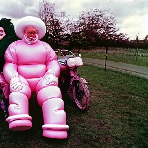 Image similar to a martin parr photo of a grandpa couple, wearing michelin man white body costumes, riding a pink pig, 1 9 7 0 s kodachrome colour photo, flash on camera,