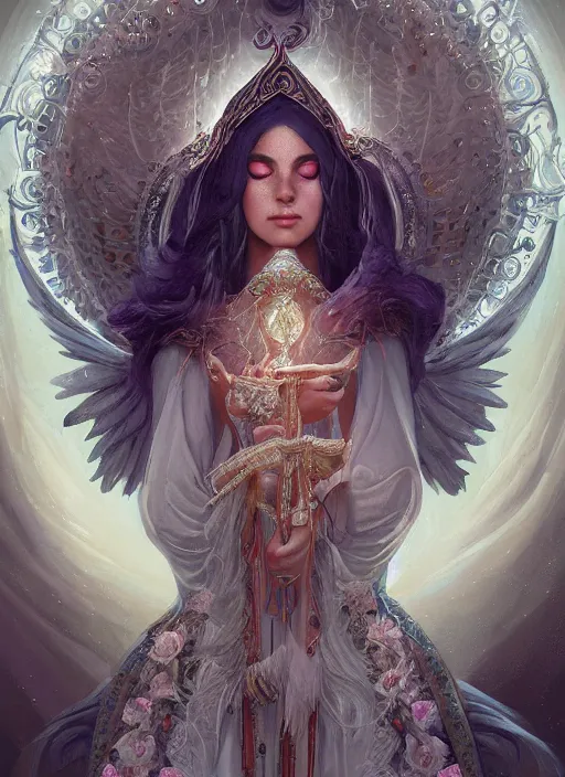 Image similar to A beautiful digital painting of a female Seraphim full of jewels, princess, the moon behind her, intricate, cinematic lighting, highly detailed, digital painting, Artstation, concept art, smooth, sharp focus, illustration, art by Tom Bagshaw, Artgerm and Greg Rutkowski