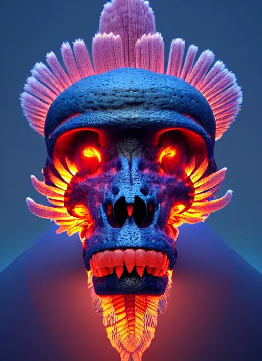 Image similar to 3 d ape shaman profile portrait, sigma 5 0 0 mm f / 5. beautiful intricate highly detailed quetzalcoatl skull and feathers. bioluminescent, plasma, lava, ice, water, wind, creature, thunderstorm! artwork by tooth wu and wlop and beeple and greg rutkowski, 8 k trending on artstation,