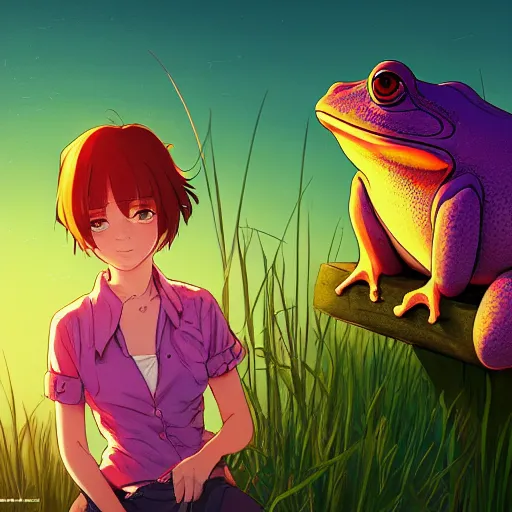 Prompt: portrait of a Dumpy Frog, farm field background, rich vivid colors, ambient lighting, dynamic lighting, 4k, HQ, official media, anime key visual, makoto shinkai, ilya kuvshinov, lois van baarle, rossdraws, detailed, trending on artstation