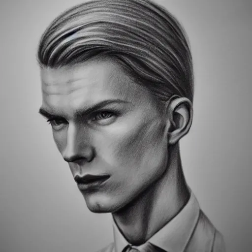 Image similar to A pencil drawing portrait of a blond young Irish man with high cheekbones. Good bone structure. Dressed in 1940s style. Highly detailed, fine Art, high detail, great lighting, 8k resolution, masterpiece, concept art, illustration, clear eyes, painting oil on canvas, octane render, HDR, trending on artstation, 4k, 8k, HD