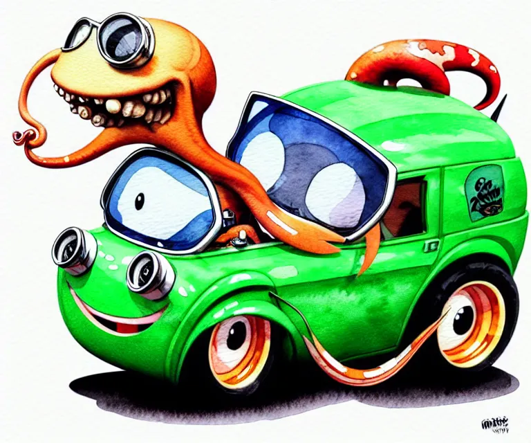 Prompt: cute and funny, cartoon squid wearing goggles riding in a tiny hot rod with oversized engine, ratfink style by ed roth, centered award winning watercolor pen illustration, isometric illustration by chihiro iwasaki, edited by range murata, tiny details by artgerm and watercolor girl, symmetrically isometrically centered