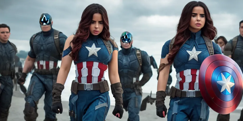 Image similar to movie still of demi rose playing captain america in the movie avengers, directed by russo brothers, highly detailed, award winning, 4 kuhd