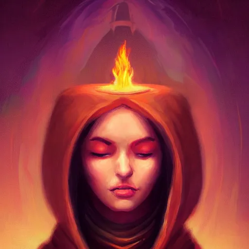 Image similar to ( a priestess with a hood that covers half her face carries an incense burner that emits a pleasantly colored flame. ) by anato finnstark, dream, full body portrait, dynamic lighting, beautiful, trending on artstation, wallpaper, 4 k, award winning, digital art, very detailed faces