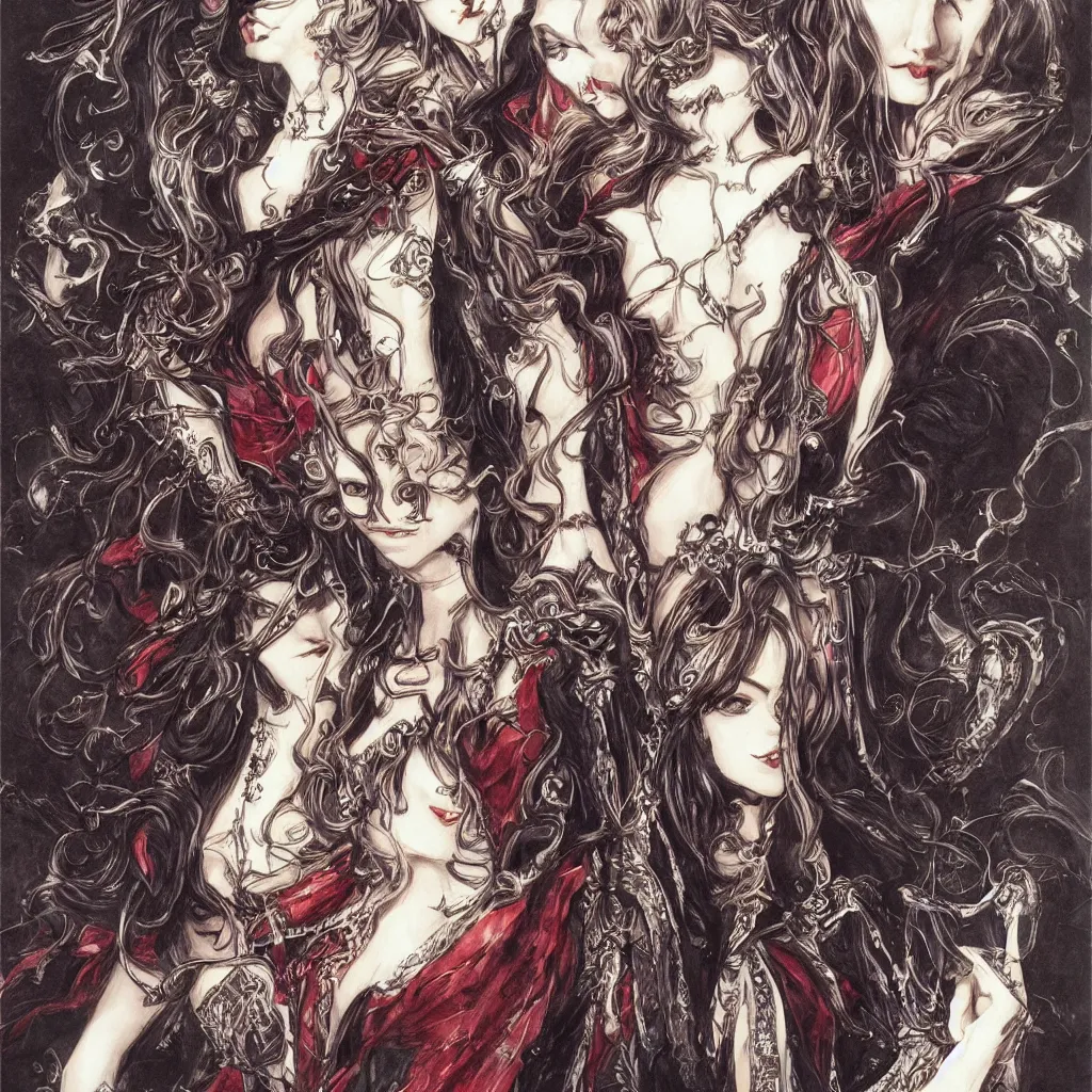 Prompt: elegant vampires, long hair, baroque, fancy clothing, striking beauty, extremely detailed, castlevania, concept art by ayami kojima