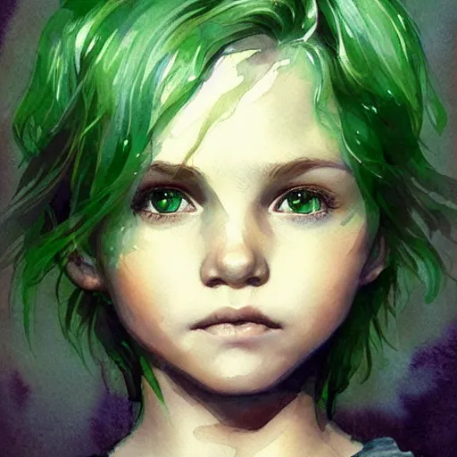 Prompt: child, young boy, green hair, short hair, happy, intricate, ethereal, highly detailed, sharp focus, artstation, watercolor, by charlie bowater and ross tran