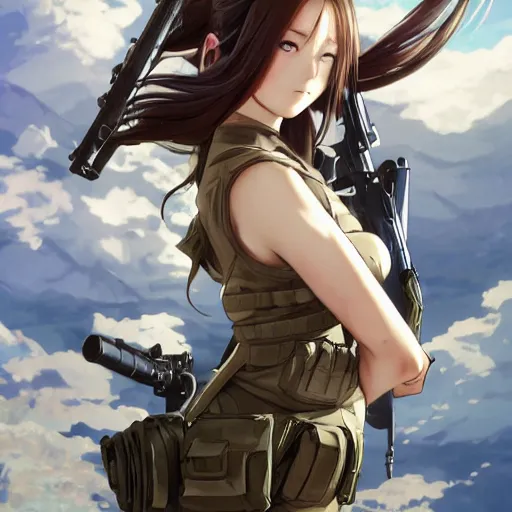 Prompt: soldier girl, anime style, long hair, hair down, symmetrical facial features, girls frontline cg, hyper realistic, pale skin, 4 k, rule of thirds, extreme detail, detailed drawing, trending artstation, hd, fantasy, d & d, realistic lighting, by alphonse mucha, greg rutkowski, sharp focus, backlit, carrier rig