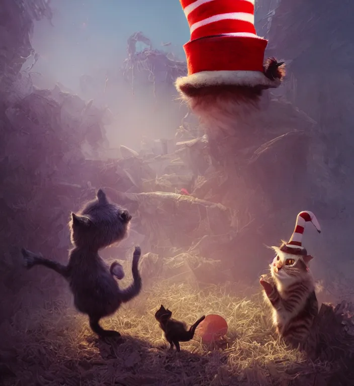 Image similar to complex 3 d render, hyper detailed, ultra sharp, of the cat in the hat, scary, funny, cinematic, natural soft light, rim light, art by greg rutkowski and craig mullins and moebius, dr seuss