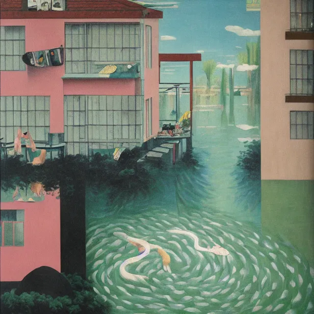 Image similar to painting of flood waters inside an apartment, emo catgirl art student, a river flooding inside, taps with running water, tangelos, zen, pigs, ikebana, water, river, rapids, waterfall, black swans, canoe, pomegranate, berries dripping, acrylic on canvas, surrealist, by magritte and monet