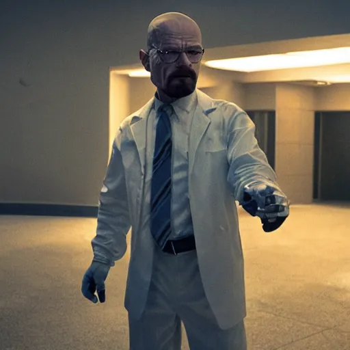 Prompt: walter white in a white suit, holding a pistol, cinematic still, dramatic lighting, harsh light and shadows