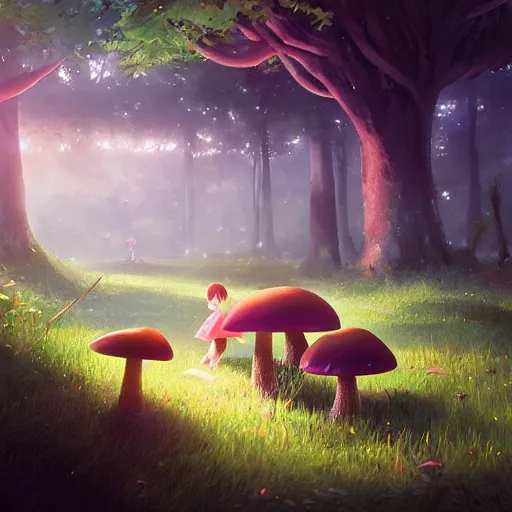Image similar to a cute picnic in a mushroom forest. dramatic lighting, cgsociety masterpiece, artstation trending, by rossdraws, ghibli, Kimi no Na wa, greg rutkowski, 4k, digital art, concept art, trending on artstation