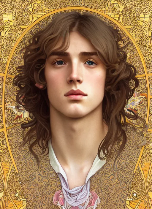 Image similar to pretty young man with shoulder length shiny shimmering golden blond hair, half body shot, emotional, decorative flower patterned background, path traced, highly detailed, high quality, digital painting, by studio ghibli and alphonse mucha, leesha hannigan, hidari, disney, jules bastien - lepage, art nouveau