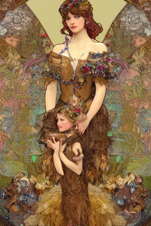 Image similar to zoomed out 3 d render of english princess holding birds, ornaments, mucha vibe, dieselpunk, solarpunk, artstation