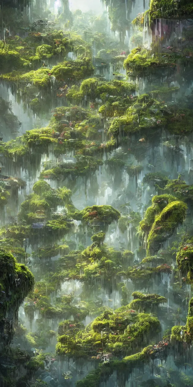 Prompt: a beautiful concept art of floating city with full of crowded people and infrastructure overgrown moss with waterfall on the floating island, made of tree and fantasy valley, by alejandro burdisio and laurie greasley, avatar pandora forest, alejandro burdisio art, tyler edlin fantasy art, bioluminescence, trending on artstation