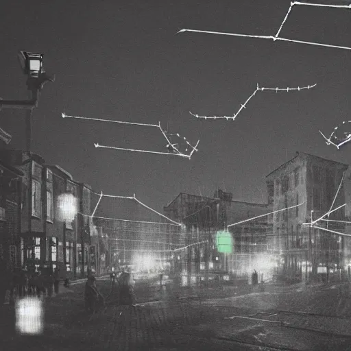 Image similar to grainy 1800s photo of a city street with flying drones and electricity sparking above