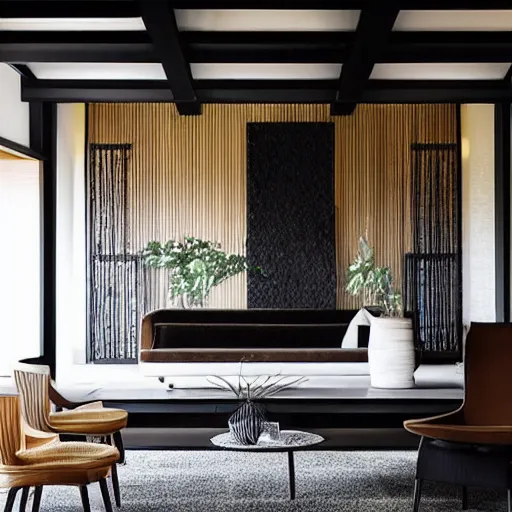 Image similar to lounge and dining room, stone, interior design, stylish luxury hotel living room design, yakisugi, black vertical slatted timber, textures, feminine, black walls, art, Japanese pottery vase with flowers, kakejiku, seasonal, Japanese influences