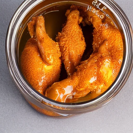 Image similar to chicken honey, honey with fried chicken floating inside the jar, we make our honey fresh with batches of chicken, food product promo, studio photography