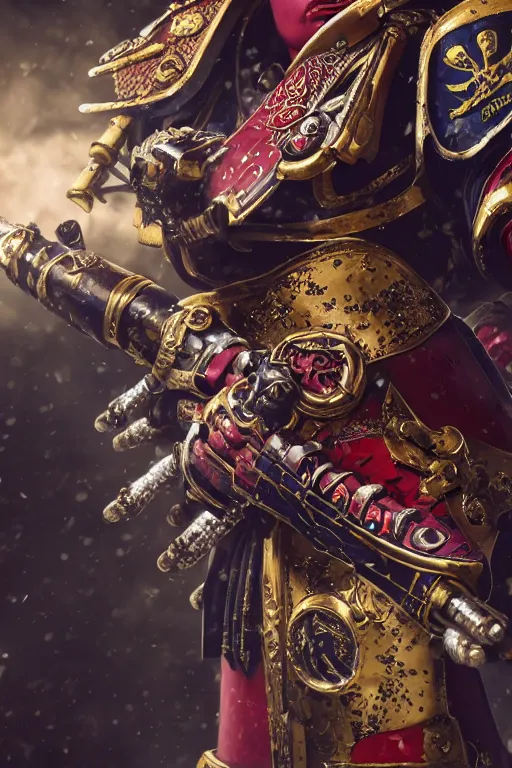 Image similar to a portrait of a adepta sororitas, warhammer 4 0 k setting, dynamic pose, close - up, intricate details, intricately detailed clothing, intricate textures, warm lighting, vivid colors, smoke and mist, realistic octane render, hyper realistic render, volumetric shading, depth of field, raytracing, 8 k,